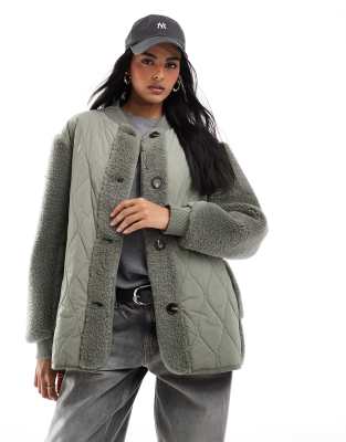Asos Design Borg Spliced Puffer Jacket In Sage-no Color In Gray