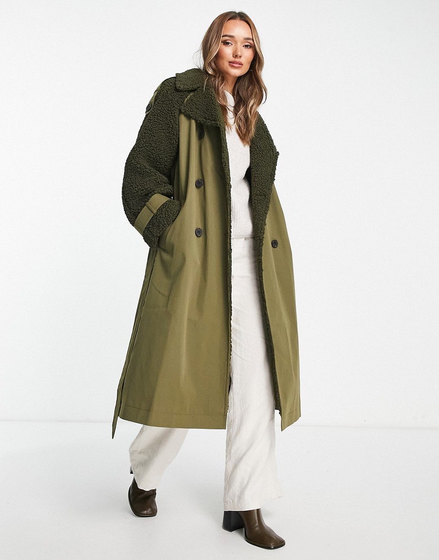 ASOS DESIGN borg spliced trench coat in khaki-Green