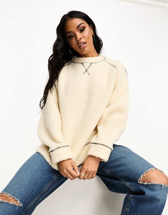 ASOS DESIGN - borg sweatshirt with contrast stitch detail in neutral