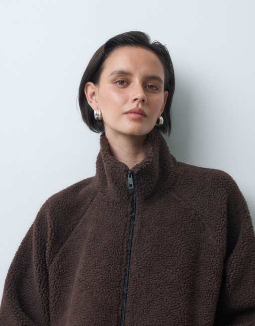 ASOS DESIGN borg-tröja med dragkedja i brunt och blått, 3 av 4