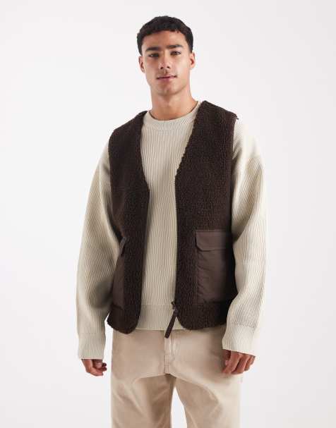 ASOS DESIGN borg utility gilet in brown - view 1