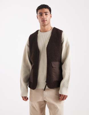 Asos Design Borg Utility Vest In Brown