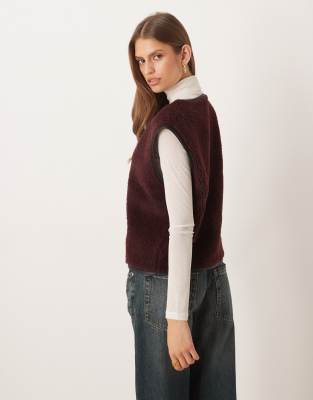 Asos Design Borg V Neck Vest With Contrast Binding In Brown