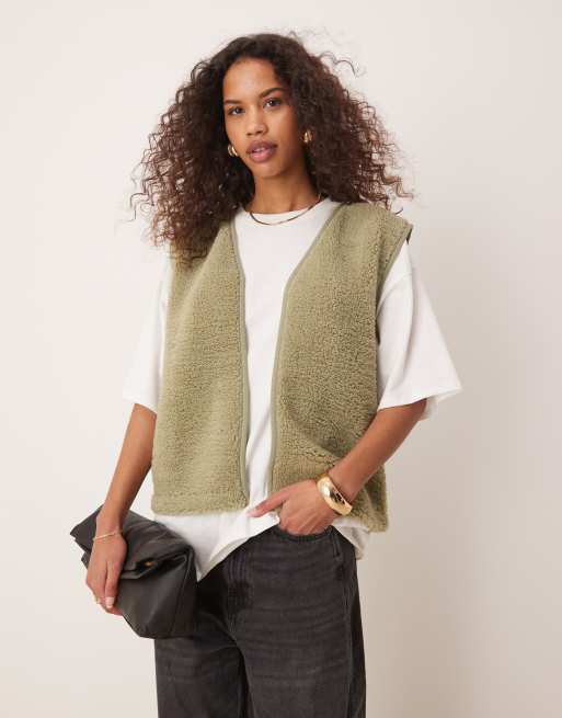 ASOS DESIGN borg vest with binding in sage green