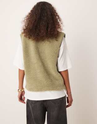 Asos Design Borg Vest With Binding In Green