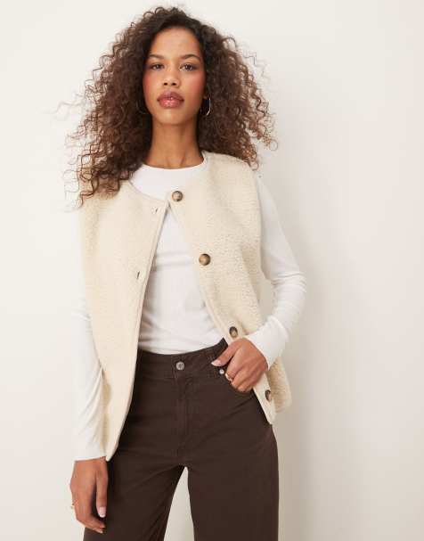 ASOS DESIGN borg waistcoat with suedette piping in cream - view 1