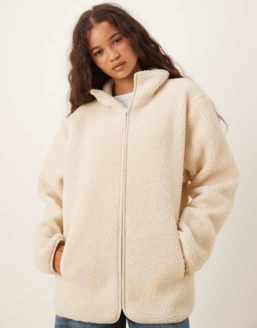 ASOS DESIGN borg zip through fleece in cream, 3 of 4