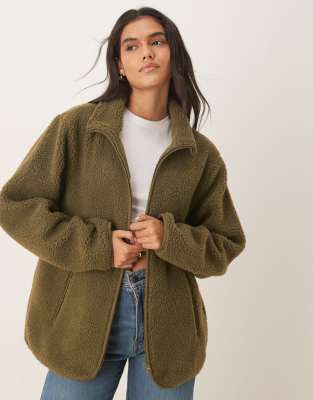 ASOS DESIGN borg zip through fleece in khaki | ASOS