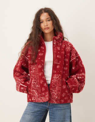 Asos Design Borg Zip Through Fleece With Bandana Print In Red