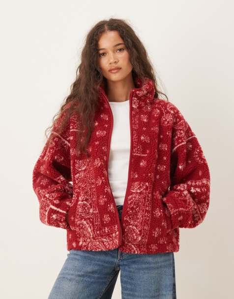 ASOS DESIGN borg zip through fleece with bandana print in burgundy - view 1
