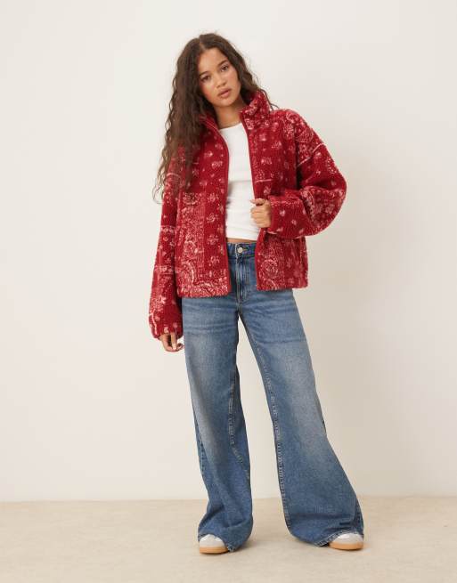 ASOS DESIGN borg zip through fleece with bandana print in burgundy
