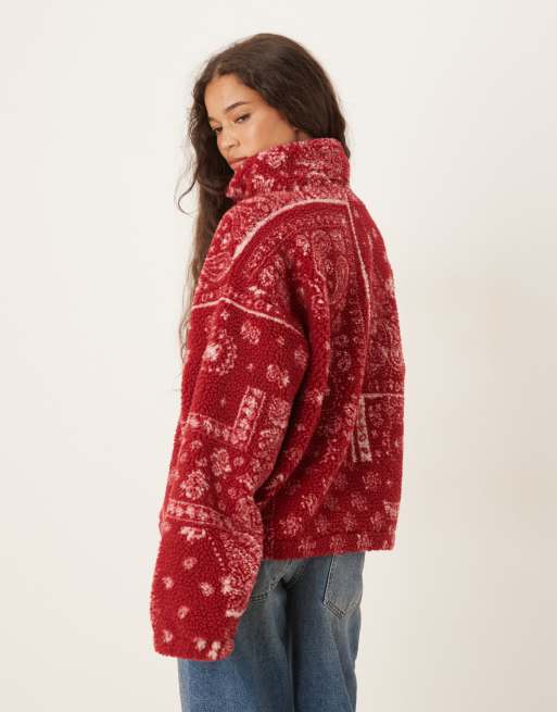 ASOS DESIGN borg zip through fleece with bandana print in burgundy