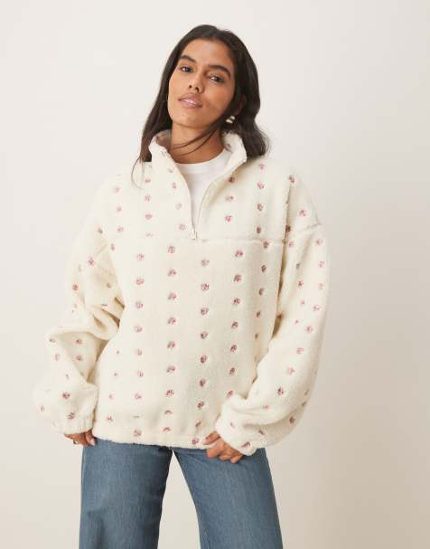 ASOS DESIGN borg zip through fleece with embroidered flower detail in cream - view 1