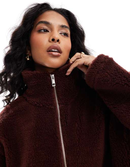ASOS DESIGN borg zip through in chocolate, 4 of 4