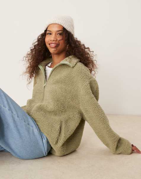 ASOS DESIGN borg zip through in sage green - view 1