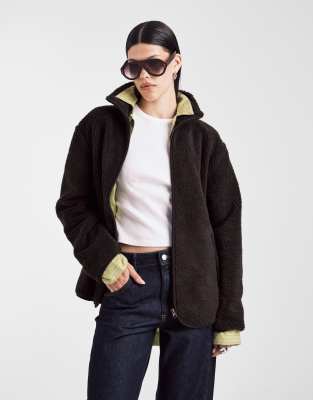 Asos Design Borg Zip Up Fleece In Brown