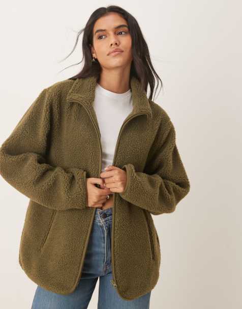 ASOS DESIGN borg zip up fleece in khaki - view 1