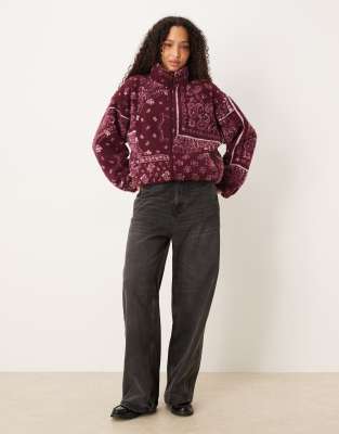Asos Design Borg Zip Up Fleece With Bandana Print In Red