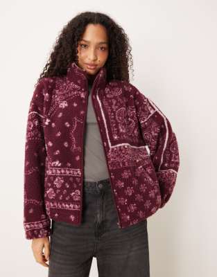 Asos Design Borg Zip Up Fleece With Bandana Print In Red
