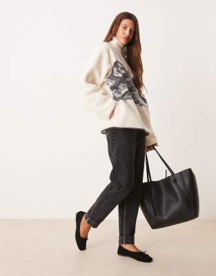 Asos Design Borg Zip Up Fleece With Placement Mountain Print In White