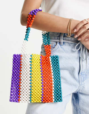 ASOS DESIGN - Borsa a mano a righe multicolore con perline