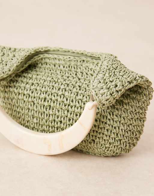 ASOS DESIGN - Borsa a mano verde menta in paglia con manico in resina, 2 di 4