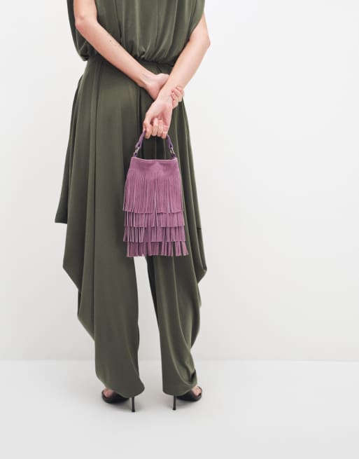ASOS DESIGN - Borsa a secchiello lilla in camoscio con nappe e tracolla rimovibile, 2 di 8