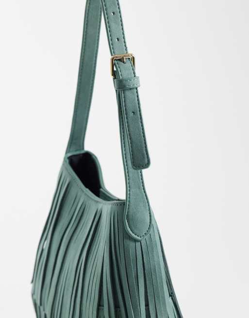 ASOS DESIGN - Borsa a spalla in camoscio sintetico verde menta con frange, 3 di 4
