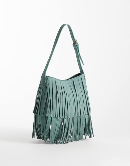 ASOS DESIGN - Borsa a spalla in camoscio sintetico verde menta con frange, 4 di 4