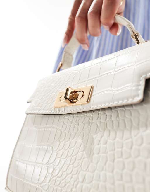 ASOS DESIGN - Borsa a tracolla con manico e tracolla rimovibile crema effetto coccodrillo, 2 di 4