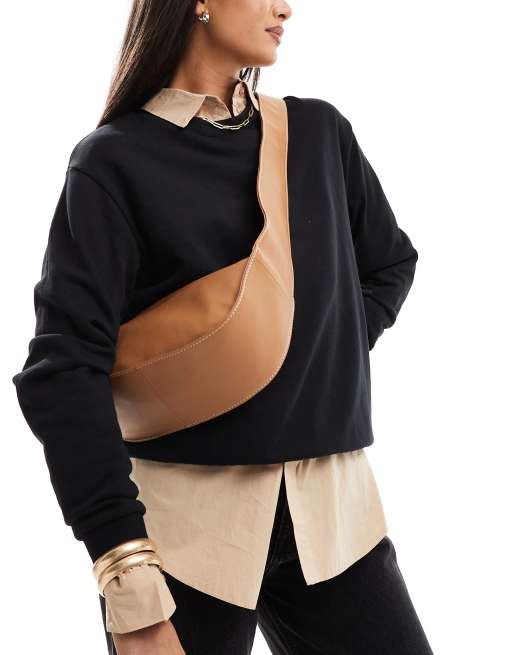 ASOS DESIGN Borsa a tracolla in pelle con fondo arrotondato color cuoio ASOS
