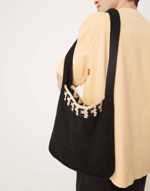 ASOS DESIGN - Borsa a tracolla nera in maglia, 3 di 4