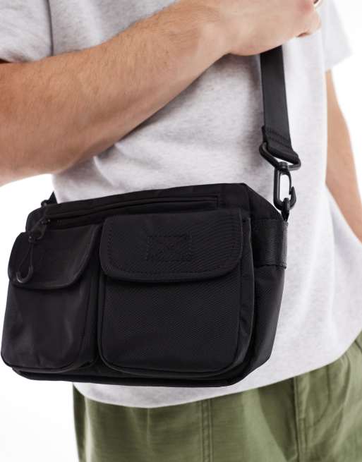 ASOS DESIGN - Borsa a tracolla nera stile festival in nylon con tasche