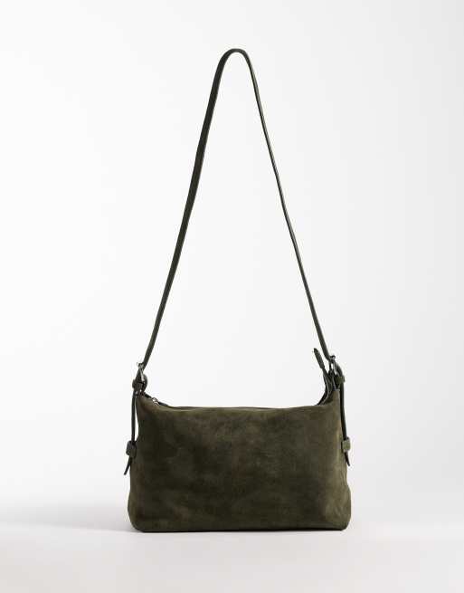 ASOS DESIGN - Borsa a tracolla regolabile in camoscio color verde oliva