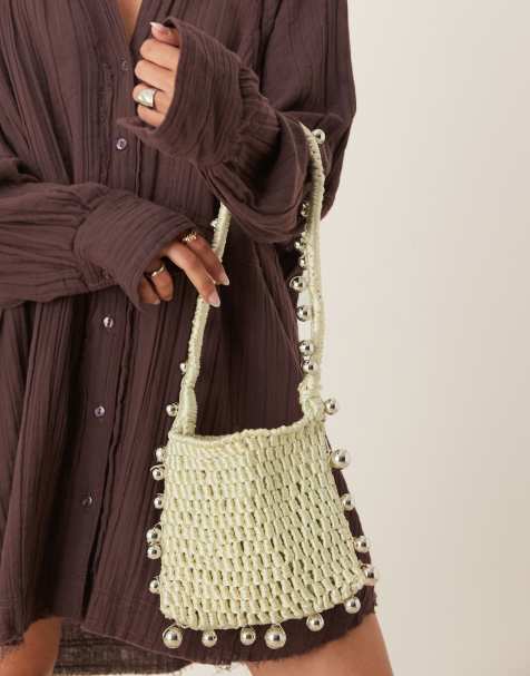 ASOS DESIGN - Borsa all'uncinetto verde salvia con tracolla con perline - view 1