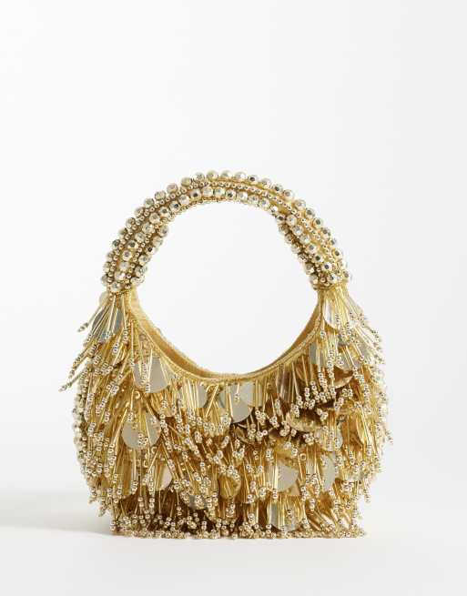ASOS DESIGN - Borsa arrotondata color oro decorata con paillettes e perline