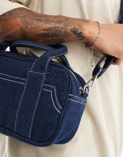 ASOS DESIGN - Borsa bowling a tracolla in denim blu navy con cuciture a contrasto, 3 di 4