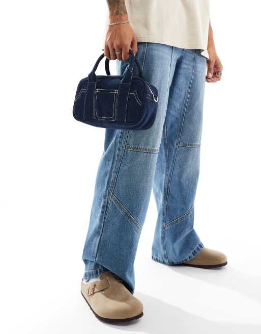 ASOS DESIGN - Borsa bowling a tracolla in denim blu navy con cuciture a contrasto, 4 di 4
