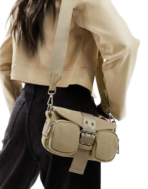 ASOS DESIGN - Borsa color pietra in nylon con fibbia e tracolla rimovibile 