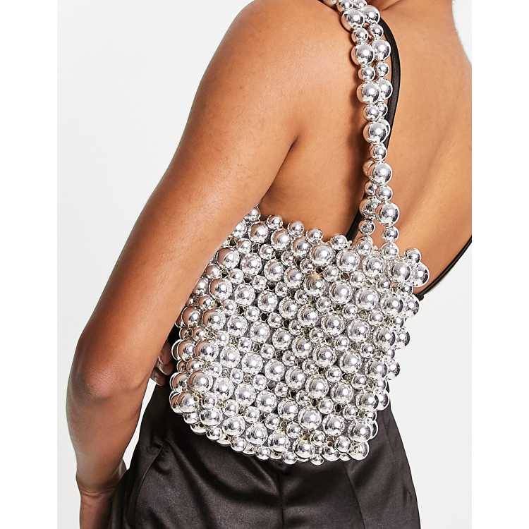 ASOS DESIGN - Borsa da spalla argento con perle grandi