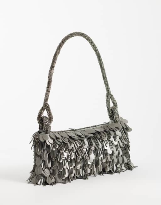 ASOS DESIGN - Borsa da spalla argento piombo con paillettes e perline, 4 di 4