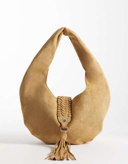 ASOS DESIGN - Borsa da spalla in camoscio sintetico color cuoio con manico intrecciato