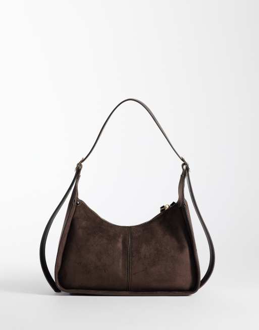 ASOS DESIGN - Borsa da spalla in camoscio sintetico con cinturino color cioccolato