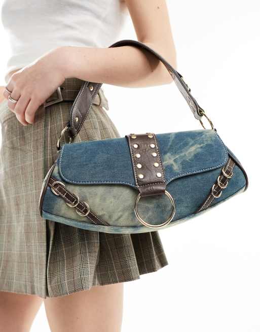 ASOS DESIGN - Borsa da spalla in denim slavato blu con dettagli in metallo