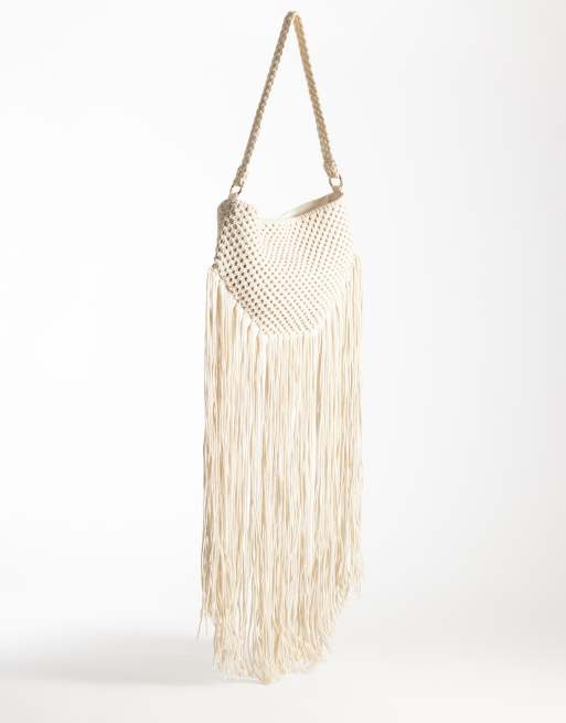 ASOS DESIGN - Borsa da spalla in macramé neutro con frange, 4 di 4