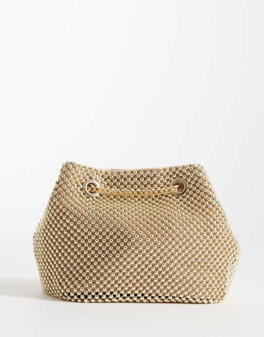 ASOS DESIGN - Borsa da spalla in maglia metallica color oro con tracolla a catena