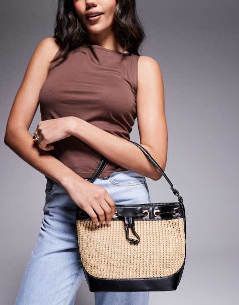 ASOS DESIGN - Borsa da spalla in paglia nera con cuciture a contrasto - view 1