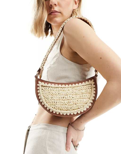 ASOS DESIGN - Borsa da spalla intrecciata a mano all'uncinetto color cuoio 