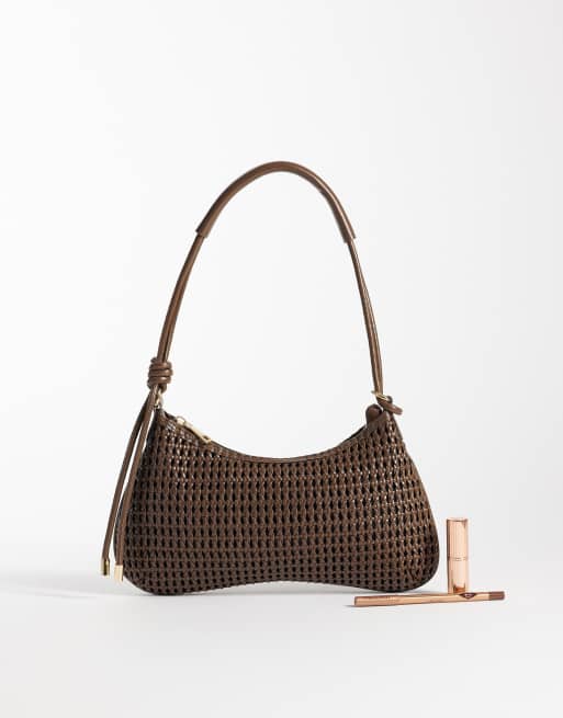 ASOS DESIGN - Borsa da spalla intrecciata color cioccolato con manico sottile con nodi, 2 di 4