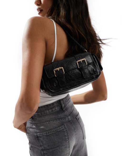 ASOS DESIGN - Borsa da spalla nera con tasche e dettagli in metallo